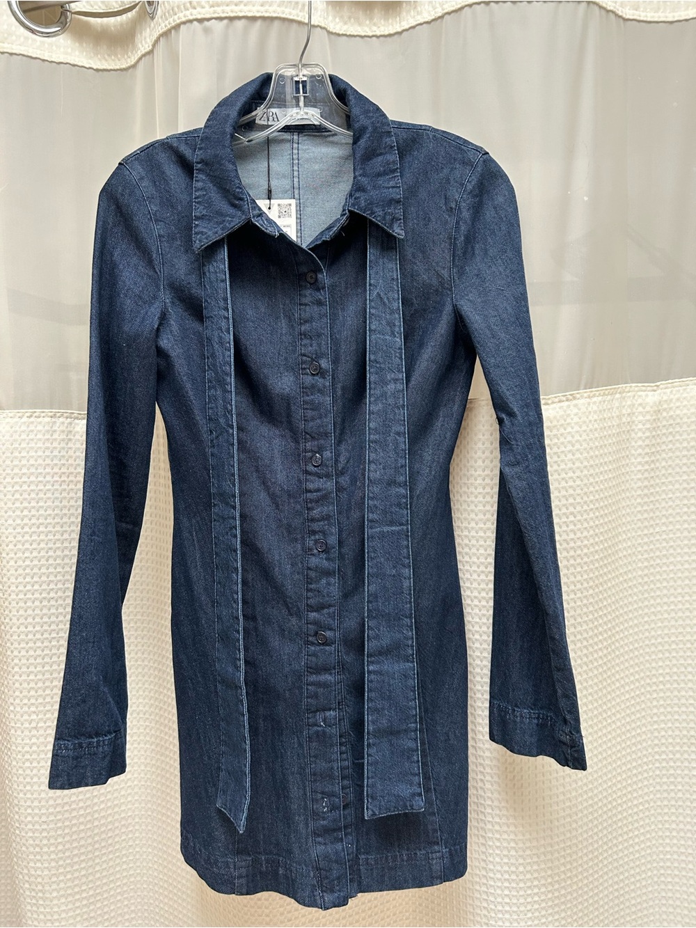 Zara Navy Tie-Neck Long Sleeve Denim Dress